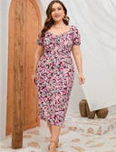 Plus Size Women's Floral Puff Sleeve Dress Summer Chic