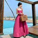 Rose Red French Style Seaside Sling Dress Summer 2023 Beachwear