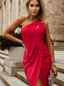 Pure Color One Shoulder Fashion Sexy Cutout Slim Dress