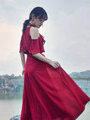 Nara Red Bohemian Chiffon Dress Off Shoulder Summer Style