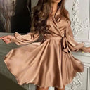 Dress with Belt Long Sleeves V Neck Solid Color A Line Dress