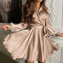 Dress with Belt Long Sleeves V Neck Solid Color A Line Dress