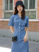 Retro Houndstooth Denim Dress Timeless Korean Style Chic