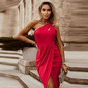 Pure Color One Shoulder Fashion Sexy Cutout Slim Dress