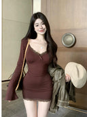 Stylish Lace Trim Long Sleeve Dress Women's Autumn Fashion