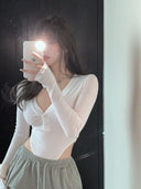 Spring V-neck Long Sleeve T-shirt Chic Korean Fashionista Pick