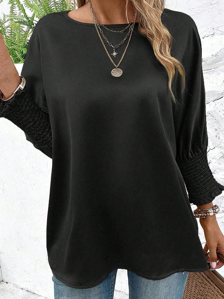 Fashion round Neck Smocking Cuff Loose Long Sleeves T-shirt Female 2024 Spring & Fall New Arrival Casual Style Ladies Pullover  ourlum.com   