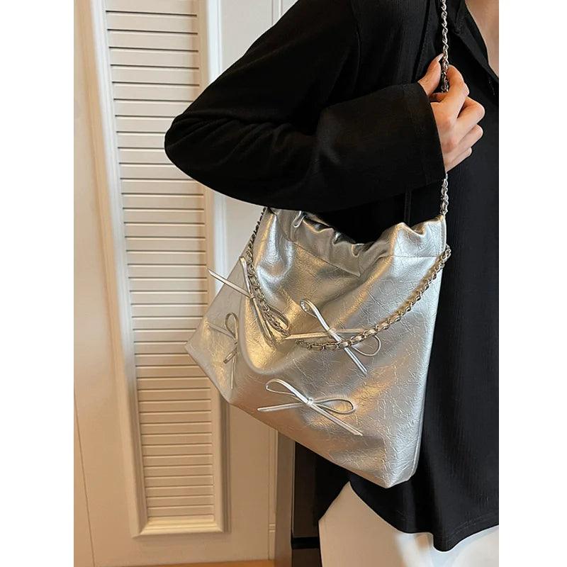 Silver Bow Tote Bag: Fashionable PU Shoulder Bag with Chic Bow Detail