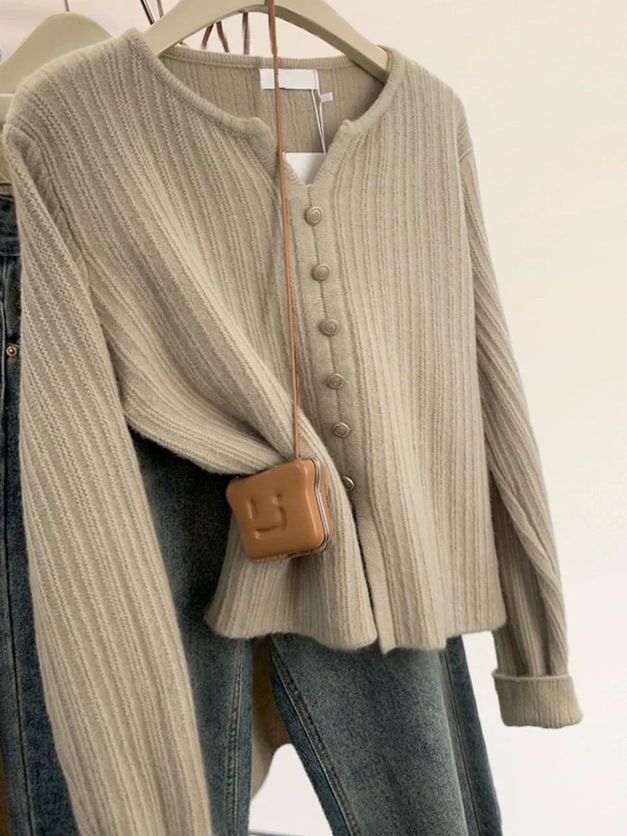 Cozy Oatmeal V-neck Split Sweater: Winter Fashion Essential