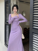 Instahot Purple Dress: Chic Slim Fit with Square-Neck Design