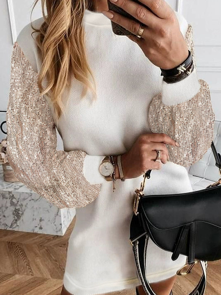2024 Fall and Winter New Arrival Sleeve Sequin Patchwork Long Sleeves Dress Fashion Fashion Casual White Knee-Length Skirt Skirt