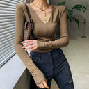 European Chic V-neck Long-Sleeve T-shirt Sophisticated Comfort