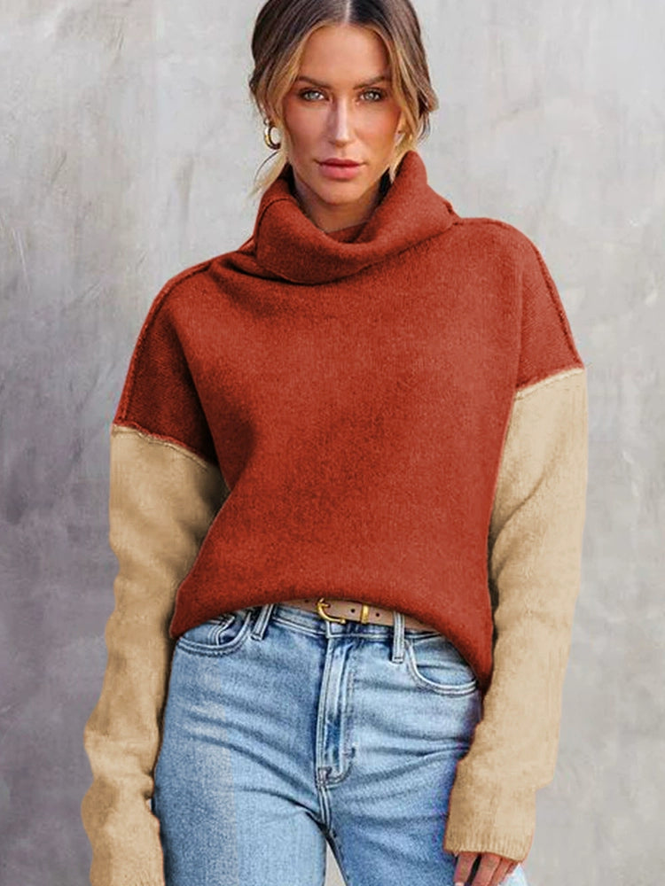 Fall and Winter New Arrival Color Matching Long Sleeves Knitting Tops Fashion Loose Casual Keep Warm and Emit Heat Pullover Turtleneck Sweater Women