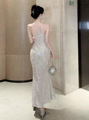 Elegant Silver Fishtail Evening Gown Glamorous Sequin Dress