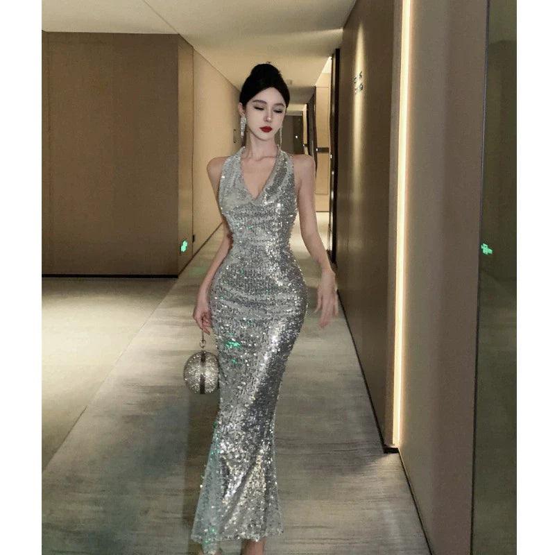 Silver Sequin Evening Gown: Elegant V-Neck Dress for Glamorous Events