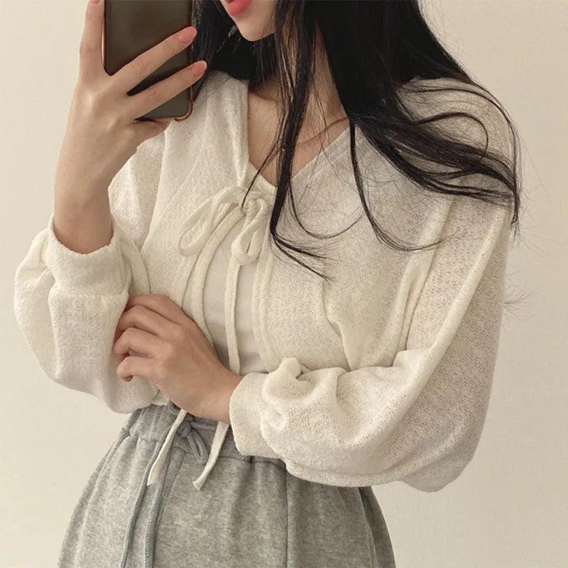 White Lace-Up Lantern Sleeve Knitwear Cardigan for Women  ourlum.com   