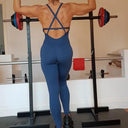 Backless Goddess Yoga Jumpsuit Set with Cross Straps and High Waist Leggings  OurLum.com Navy blue M 