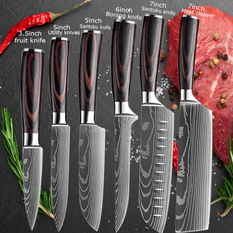 Professional Damascus Kitchen Knife Set with Santoku Cleaver