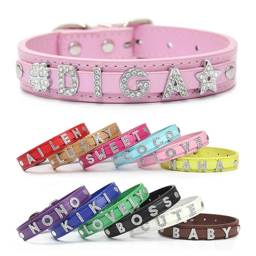 Leather Personalized Pet Collar with Rhinestone Letters for Dogs  ourlum.com   