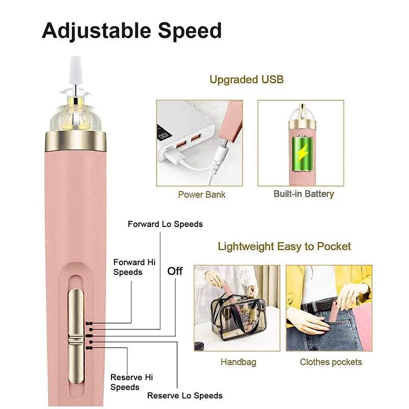 Electric Nail Polish Drill Kit with 5 Functions and Built-in Light - Portable Manicure Tool for Gel Removal  ourlum.com   