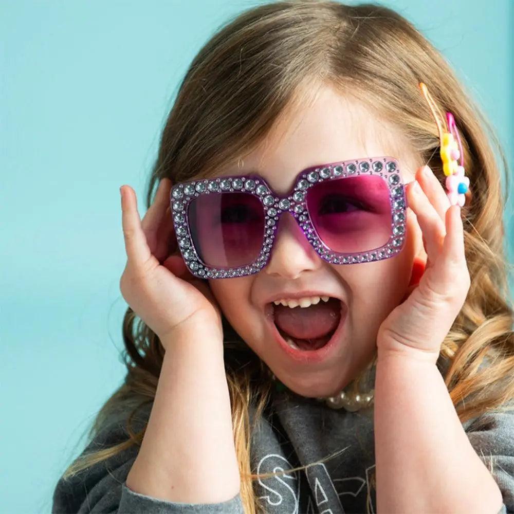 Trendy Rhinestone Kids Sunglasses with Colorful Lenses - UV Protection Square Sunshades for Girls and Boys