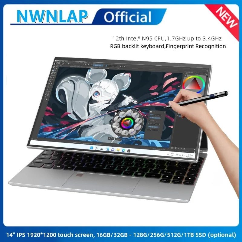 14-inch IPS touch screen computer tablet laptop N95 office business notebook 16G  128G --1TB SSD RGB WINDOWS 11 TOUCH ID  ourlum.com Silver 16G-128G SSD  