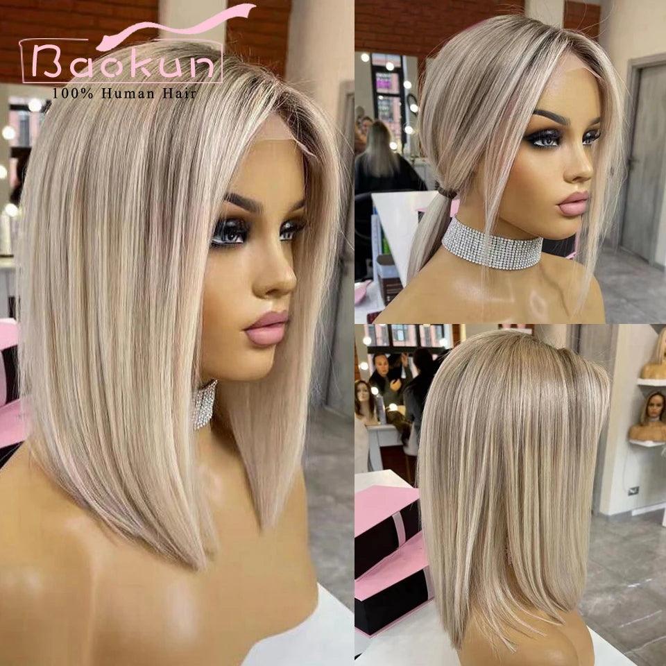 Ash Blonde Highlight Bob Human Hair Lace Front Wig - Elegant Style for Women  ourlum.com   