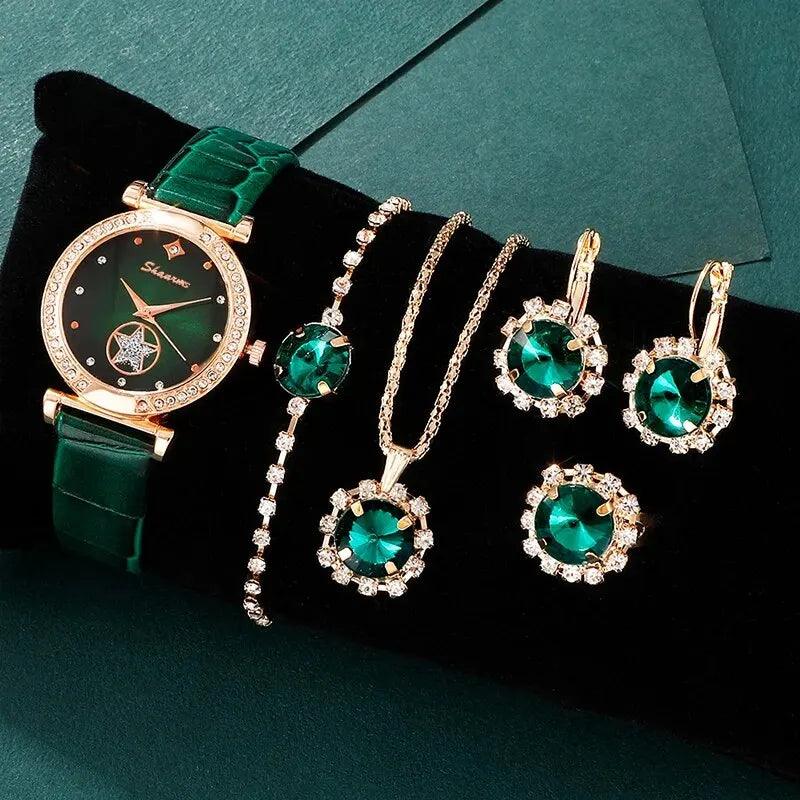 Luxury Green Quartz Watch Set: Exquisite Women's Jewelry with Rhinestones  ourlum.com   