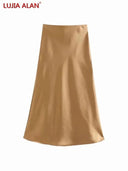 Solid Satin A-Line Midi Skirt Stylish Summer Fashion Statement