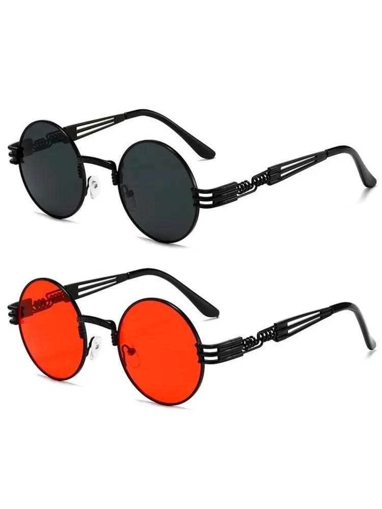 Unisex Gothic Red Steampunk Round Sunglasses with UV400 Protection - Vintage Metal Fashion Eyewear