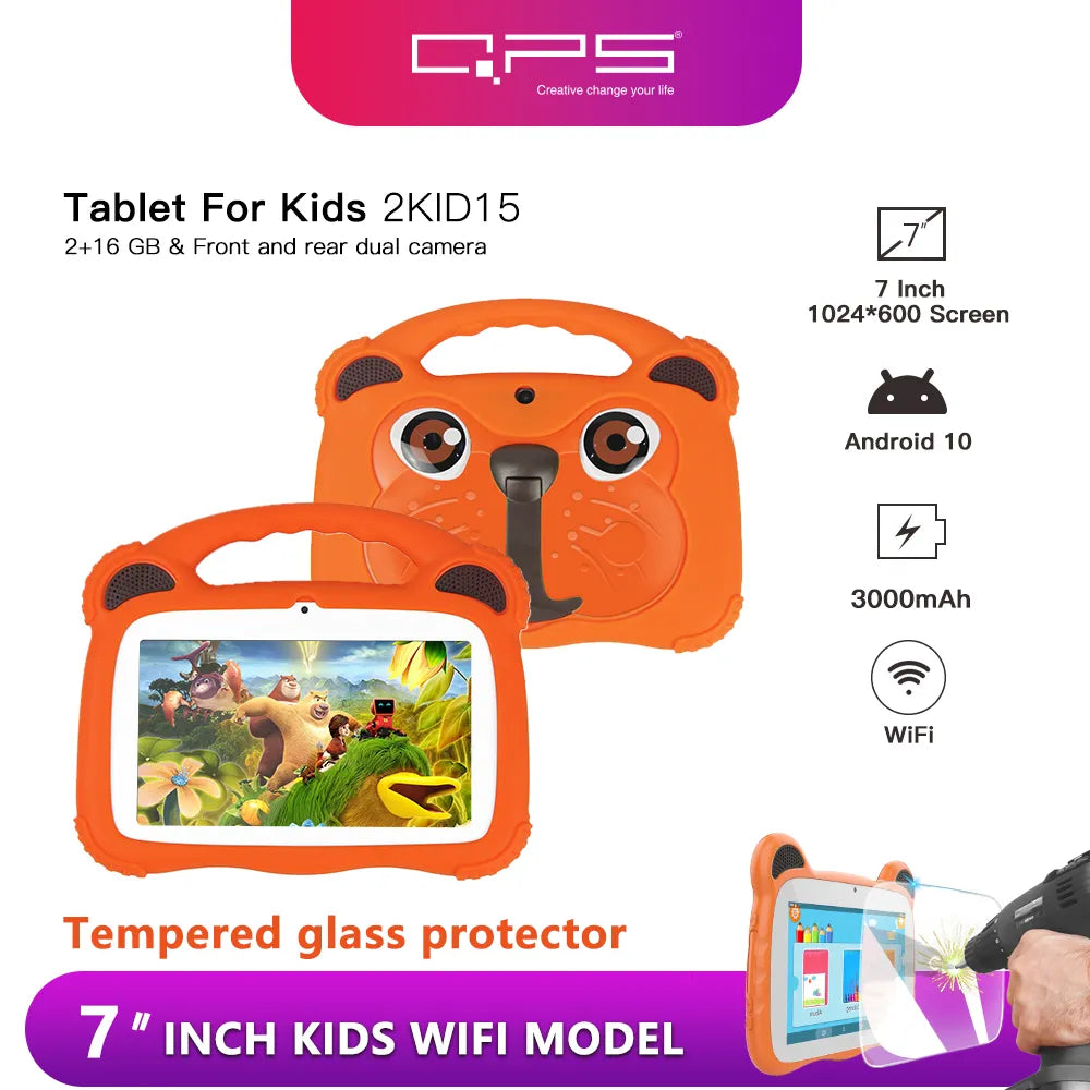 7 inch Android Kids Learning Tablet 3000mah 16GB Quad Core Android10 With tablet protective sleeve and tablet tempered film