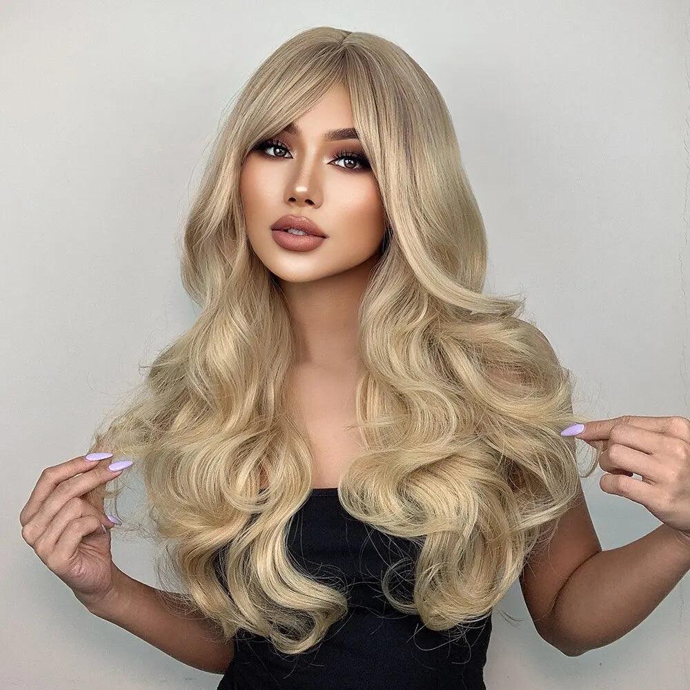 Blonde Long Wavy Synthetic Hair Wig with Bangs - Premium Quality Afro Female Cosplay Wig  ourlum.com   