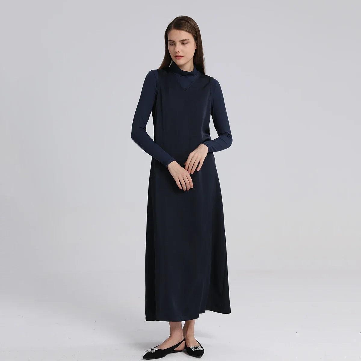 Elegant Satin Maxi Dress with Rib Modal Mock Neck Top for Women - 2024 Fall Collection  ourlum.com   