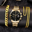 Men's Gold Stainless Steel Calendar Watch Set Luxury Jewelry