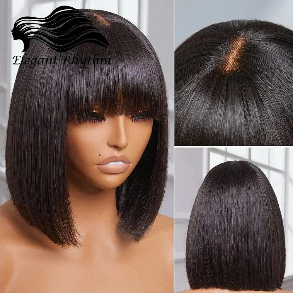 Realistic Scalp Straight Human Hair Bob Wig With Bangs 180% Density - Brazilian Hair Wig for Women  ourlum.com   