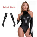 Seductive Glossy PU Leather Catsuit Set with Accessory Bundle  OurLum.com Black B XL 