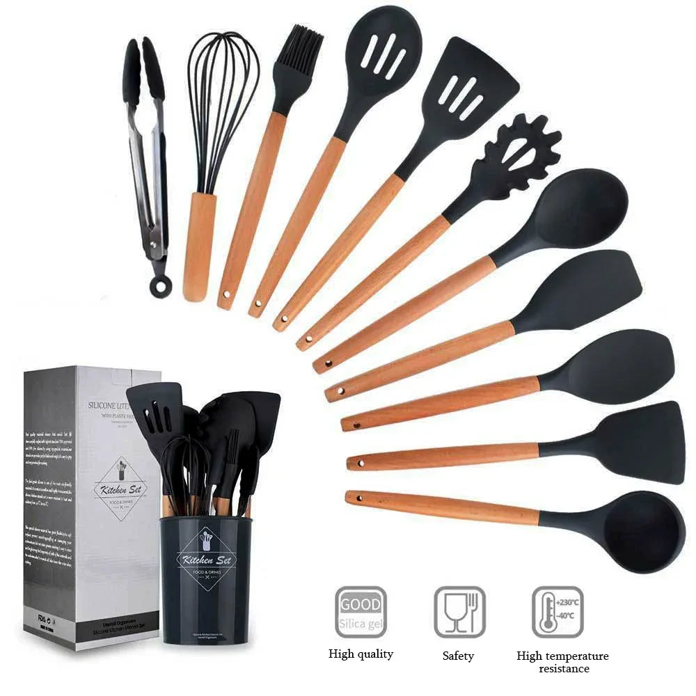 12-Piece Eco-Friendly Silicone Kitchen Utensils Set with Wooden Handles - Non-Stick Cooking Tools for Easy Meal Prep