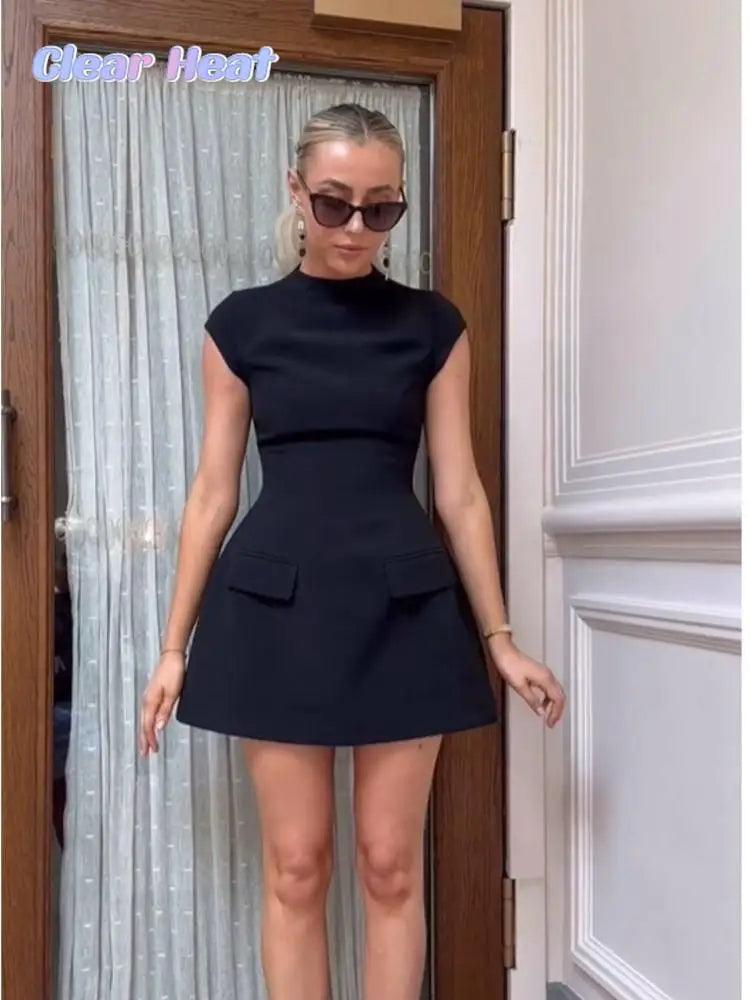 Chic Solid Pocketed Bodycon Mini Dress for Women - Stylish O Neck Short Sleeve A-Line Fashion Dress  ourlum.com   