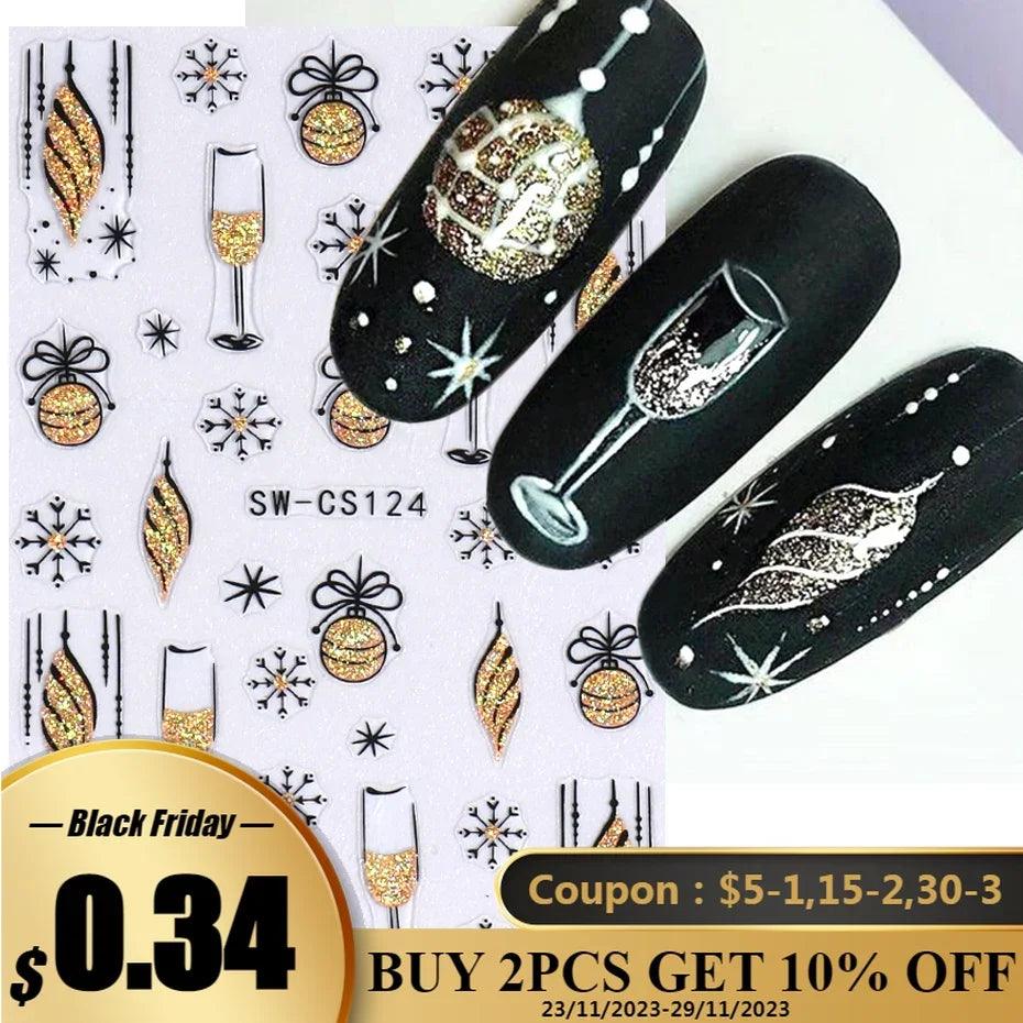 Black Gold Glitter Christmas Nail Stickers Snowflake Star Bow Bell Wine Glass Gift French Lines Winter Xmas New Year 3D Manicure  ourlum.com   