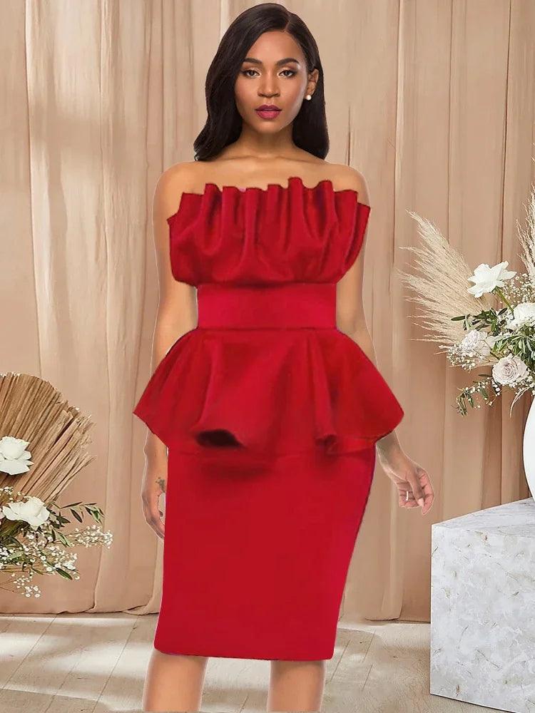 Red Ruffle Peplum Bare Shoulder Party Dress for Women - Elegant Large Size Evening Gown  OurLum.com Red L 