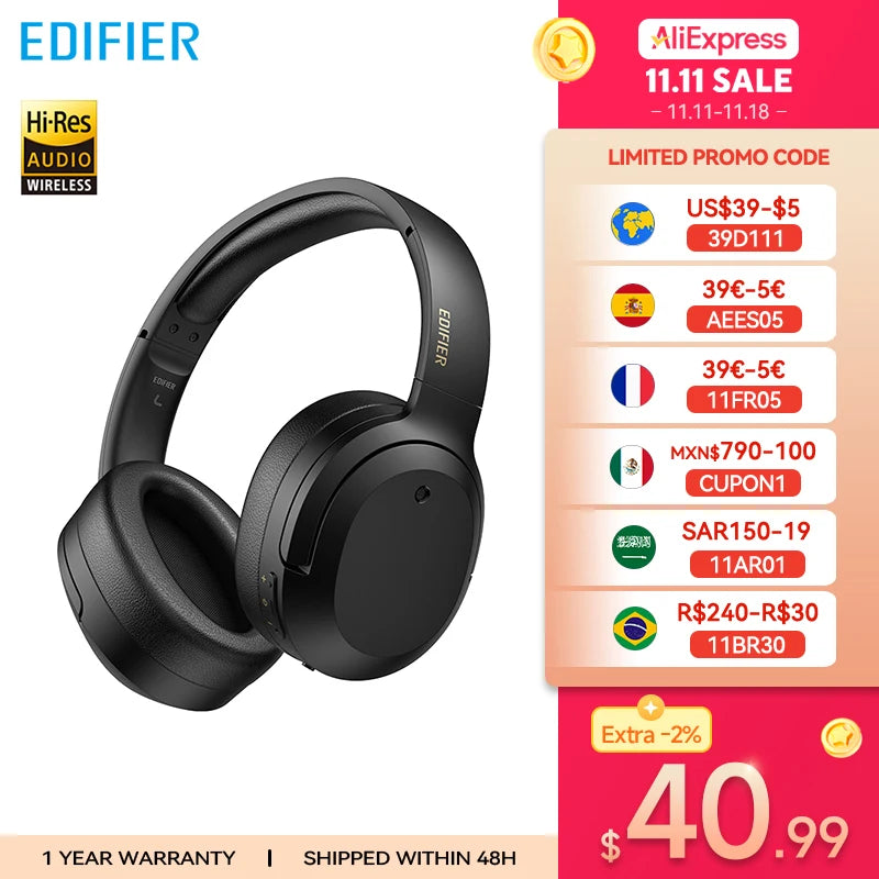 Edifier W820NB Plus Wireless Noise Cancelling Headphones 43dB ANC Hi-Res LDAC Codec 49hrs Playtime Over-Ear Bluetooth Headset