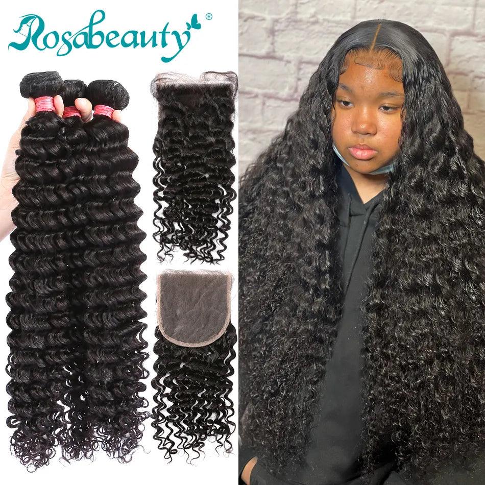 Rosabeauty Peruvian Remy Human Hair Deep Wave Bundle Set with HD Lace Closure - Water Curly Texture  ourlum.com CHINA 26 28 28Closure20 4" x 4"