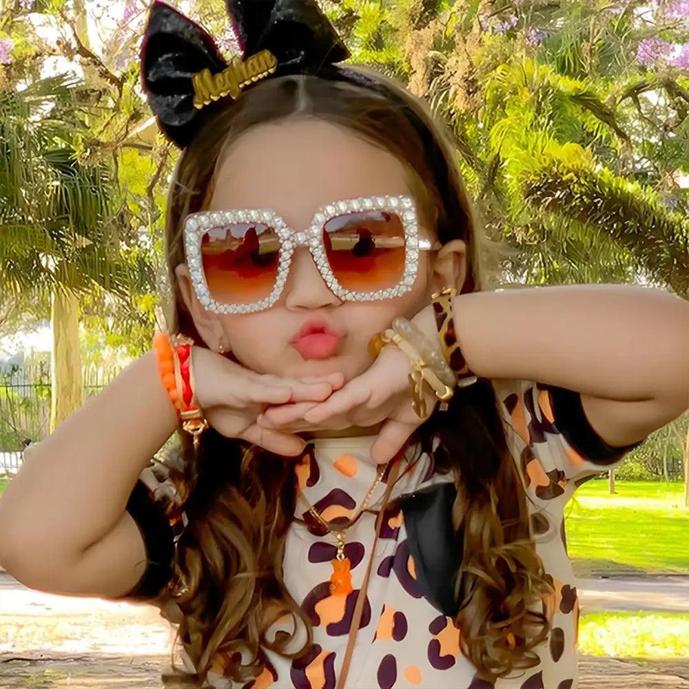 Trendy Rhinestone Kids Sunglasses with Colorful Lenses - UV Protection Square Sunshades for Girls and Boys