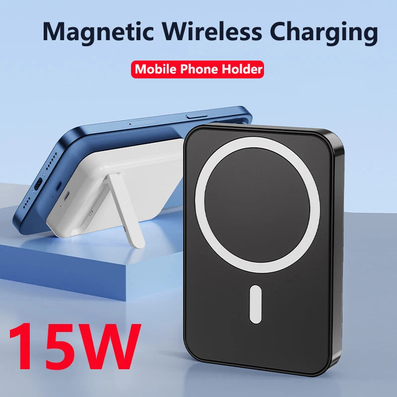 15W Magnetic Wireless Power Bank with 10000mAh Capacity for iPhone 15, Samsung, Huawei, Xiaomi - Mini Portable Charger with Foldable Stand