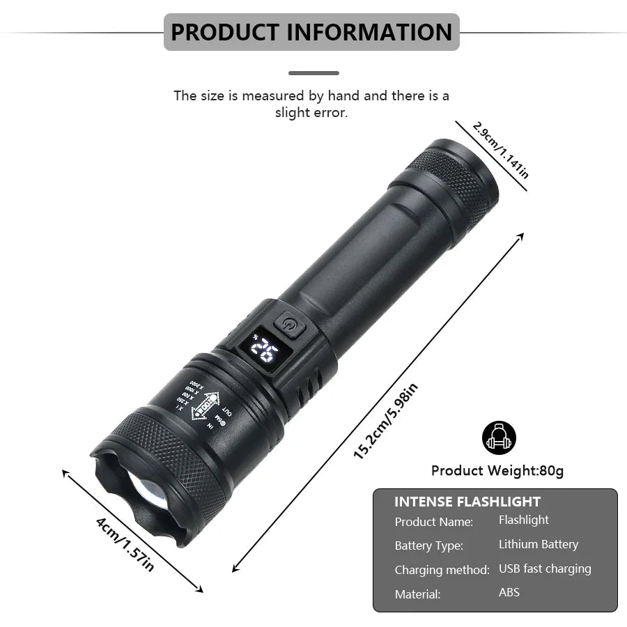 High Strong Power Led Flashlights 2000LM Tactical Torch with Display Light USB Charging Camping Fishing Emergency Zoom Lantern