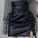 Gothic Black High Waist Leather Skirt with Edgy Lace-Up Style