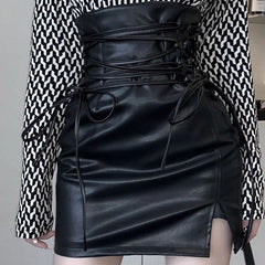 Gothic Black High Waist Leather Skirt: Edgy Lace-Up Style & Rebel Chic Look