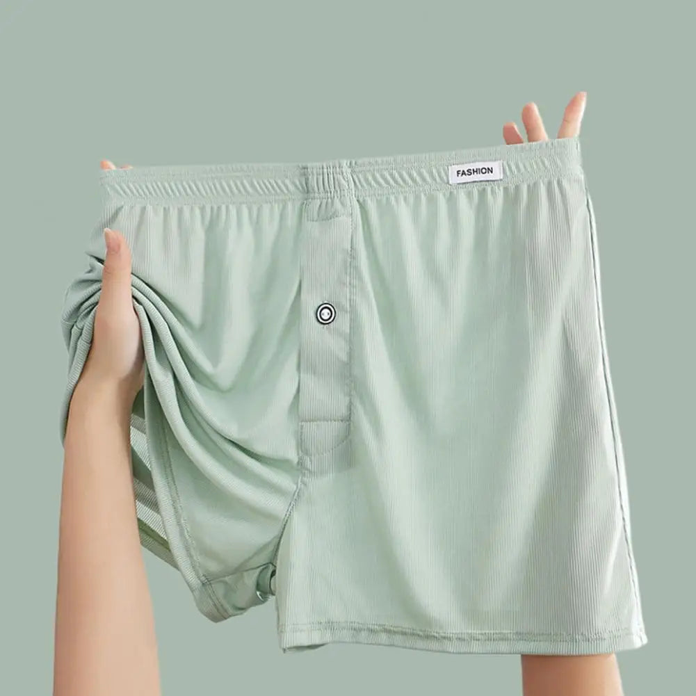 Men Boxer Underwear Elastic Waist Mid-rise Shorts Briefs Solid Color Wide Loose Fit Button Fly Ice Silk Thin Panties 남성 스퀘어 팬티