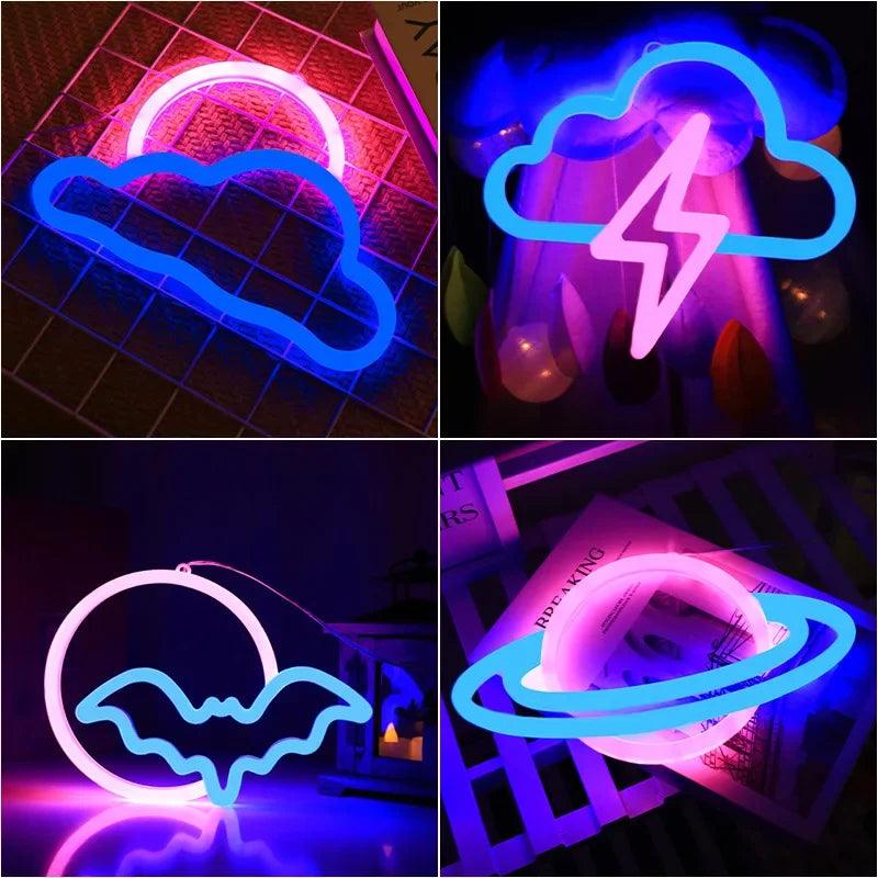 2 Side LED Bright Neon Light Night Game pad Fire Moon Star Sign Modeling Lamp Room Wall Art Decoration  Xmas Birthday Wedding  ourlum.com   