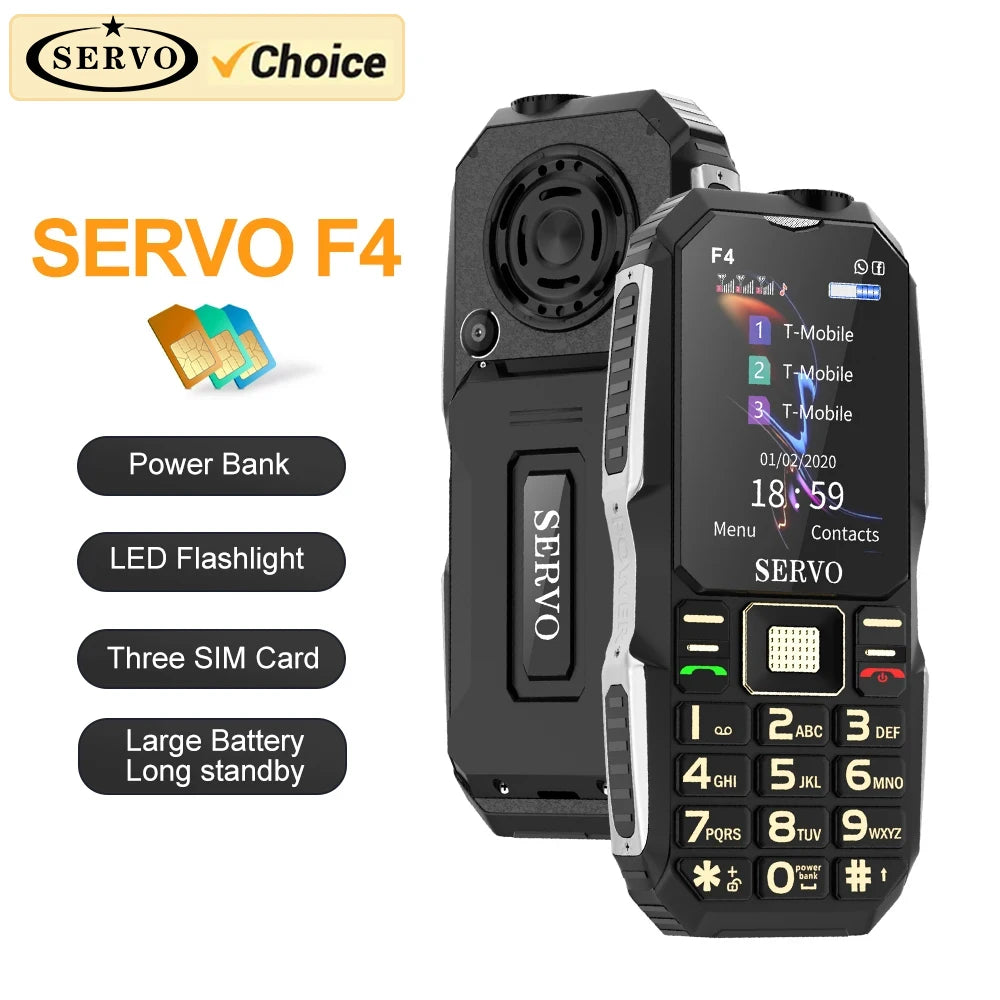 SERVO F4 Mobile Phone Three SIM Card Magic Voice Power Bank Flashlight FM Radio Large Button GSM 2G Cheap For Elderly Cellphone